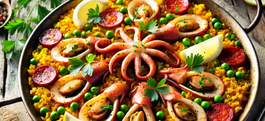 Prato de paella com lulas, chouriço e ervilhas, decorado com salsa fresca e servido em uma panela rústica.