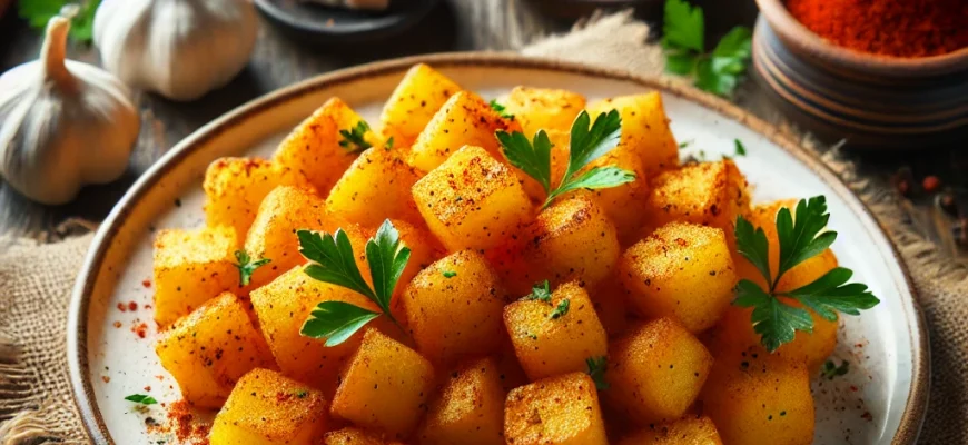 Batatas douradas e crocantes, temperadas com alho e paprika, uma receita tradicional madrilena.