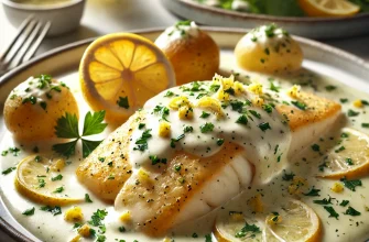 Filetes de peixe branco com molho cremoso de limão e alho, decorados com salsa fresca.