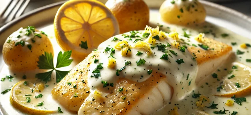 Filetes de peixe branco com molho cremoso de limão e alho, decorados com salsa fresca.