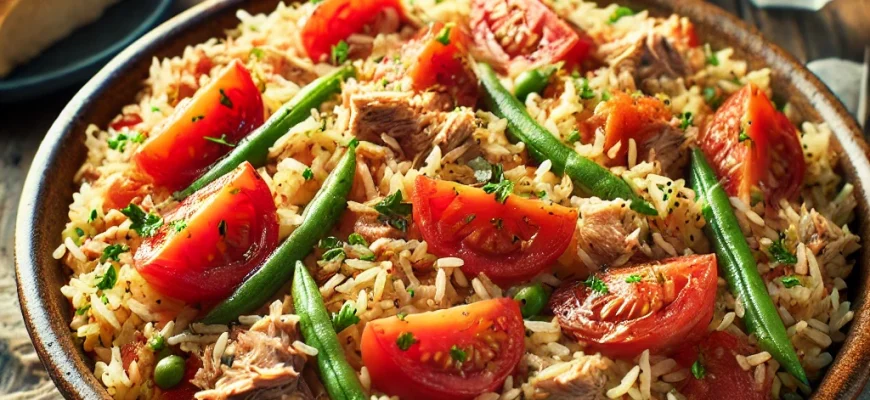 Pilaf de tomate e atum servido com feijão verde e arroz basmati, uma refeição prática e deliciosa para toda a família.