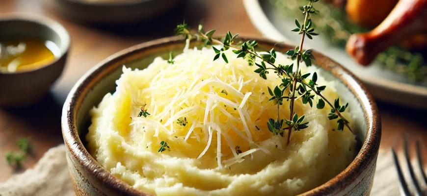 Puré cremoso de batata e aipo-rábano com queijo Manchego, servido quente como acompanhamento perfeito para pratos principais.