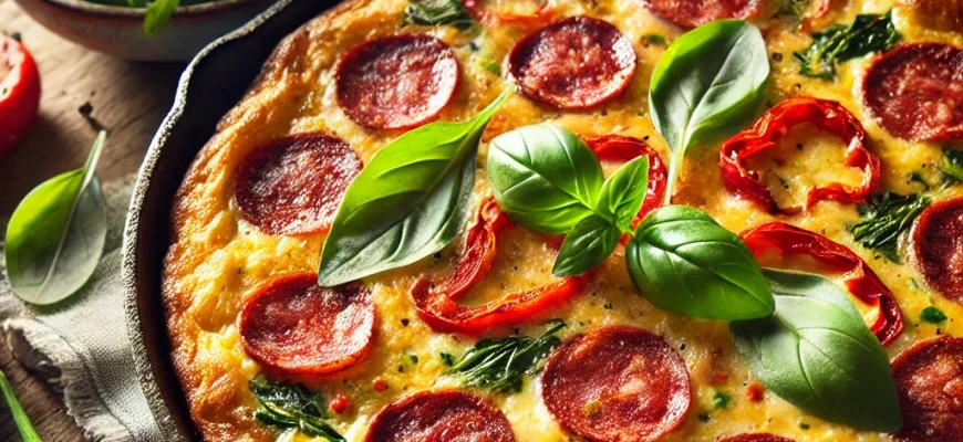 Frittata dourada com salame picante, pimentos assados e queijo cremoso, decorada com manjericão e servida com salada de rúcula.