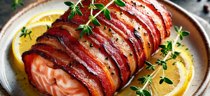 Salmão assado com pancetta crocante decorado com ervas frescas e rodelas de limão sobre um prato branco elegante.