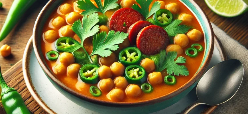 Sopa de grão-de-bico com pimentão verde, servida em taça branca, decorada com coentros frescos e pedaços crocantes de chouriço.