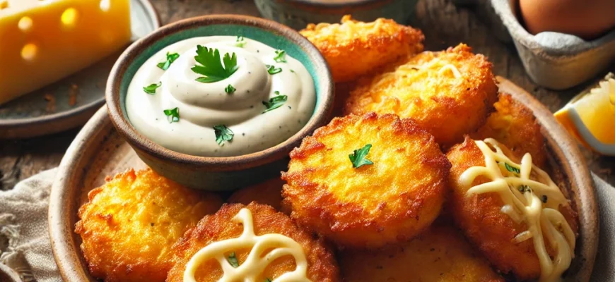 Bolinhos dourados de queijo Manchego servidos com aioli picante, perfeitos como aperitivo ou acompanhamento.