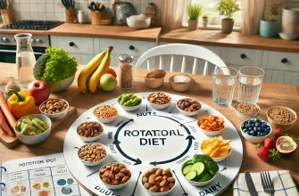 Dieta de rotação: alimentos variados em uma mesa de cozinha.