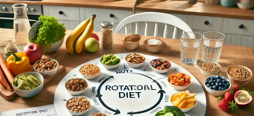 Dieta de rotação: alimentos variados em uma mesa de cozinha.